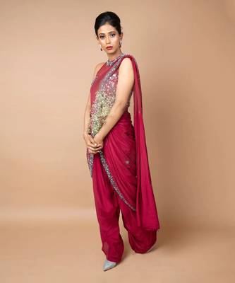 Burgundy Pre-Draped Dhoti Saree With Belt 4