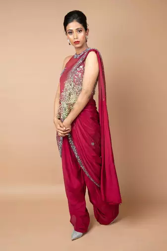 Burgundy Pre-Draped Dhoti Saree With Belt