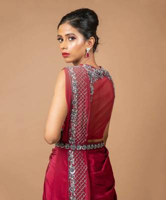Burgundy Pre-Draped Dhoti Saree With Belt 5