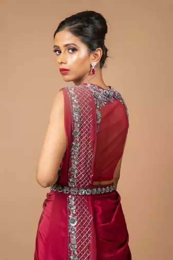 Burgundy Pre-Draped Dhoti Saree With Belt