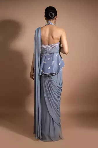 Ash Grey Peplum Draped Gown