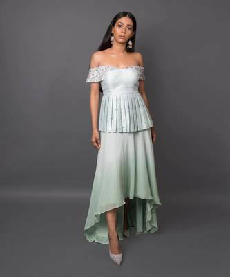 Aqua Off Shoulder Peplum Top With High-Low Skirt. 1