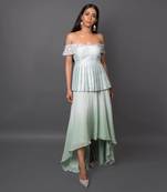 Aqua Off Shoulder Peplum Top With High-Low Skirt.