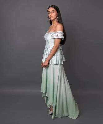 Aqua Off Shoulder Peplum Top With High-Low Skirt. 2