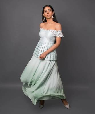 Aqua Off Shoulder Peplum Top With High-Low Skirt. 3