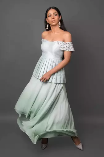 Aqua Off Shoulder Peplum Top With High-Low Skirt.