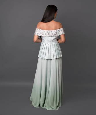 Aqua Off Shoulder Peplum Top With High-Low Skirt. 4