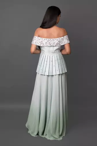 Aqua Off Shoulder Peplum Top With High-Low Skirt.