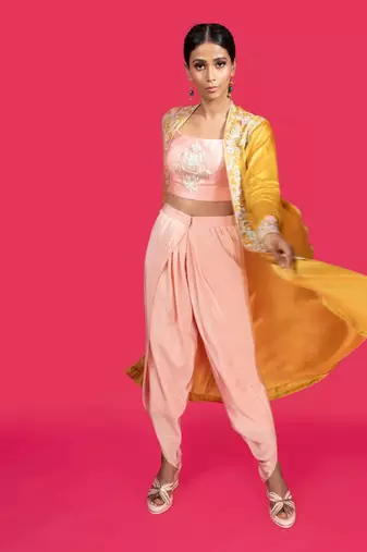 Mustard And Peach Dhoti Pants Set