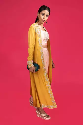 Mustard And Peach Dhoti Pants Set