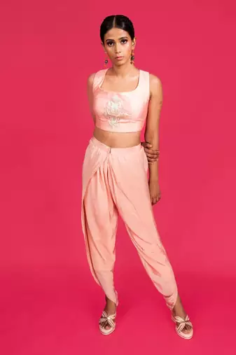 Mustard And Peach Dhoti Pants Set