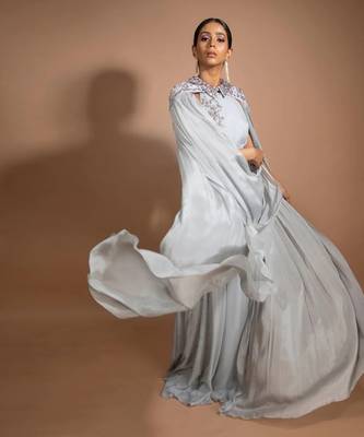 Grey Crystal Embroidered Jumpsuit With Cape 2