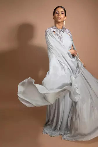 Grey Crystal Embroidered Jumpsuit With Cape