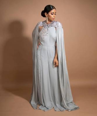 Grey Crystal Embroidered Jumpsuit With Cape 1