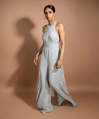 Grey Crystal Embroidered Jumpsuit With Cape 3