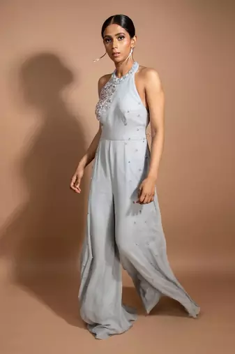 Grey Crystal Embroidered Jumpsuit With Cape