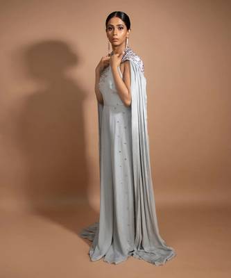 Grey Crystal Embroidered Jumpsuit With Cape 4
