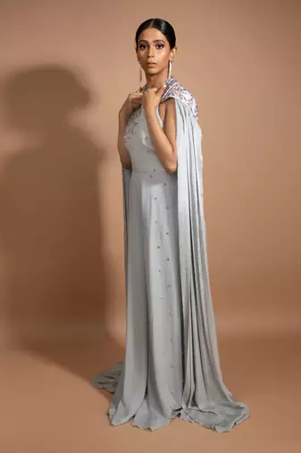 Grey Crystal Embroidered Jumpsuit With Cape