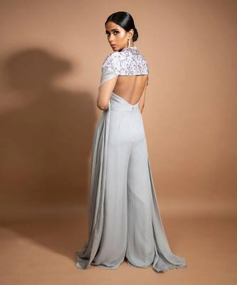Grey Crystal Embroidered Jumpsuit With Cape 5