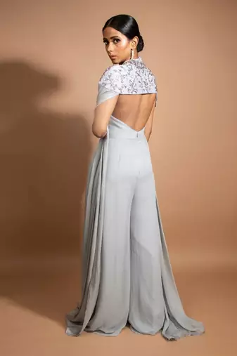 Grey Crystal Embroidered Jumpsuit With Cape