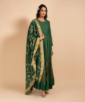 Bottle Green Anarkali With Heavy Embridered Dupatta 1