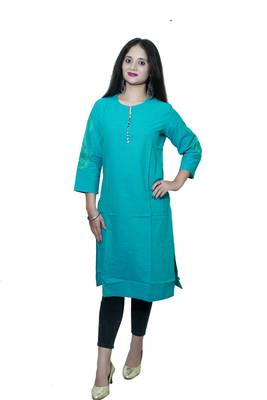 Women's Pure Cotton Straight Turquoise color embellished Kurta 1