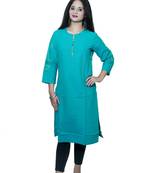 Women's Pure Cotton Straight Turquoise color embellished Kurta