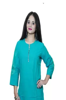 Women's Pure Cotton Straight Turquoise color embellished Kurta