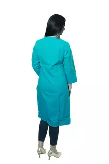 Women's Pure Cotton Straight Turquoise color embellished Kurta