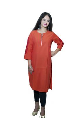 Women's Pure Cotton Straight Rust orange color embellished Kurta 1