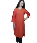 Women's Pure Cotton Straight Rust orange color embellished Kurta