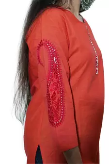 Women's Pure Cotton Straight Rust orange color embellished Kurta