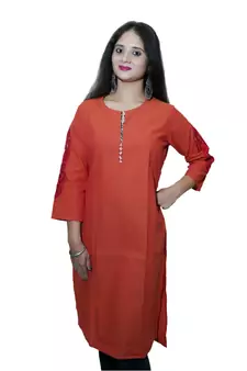 Women's Pure Cotton Straight Rust orange color embellished Kurta