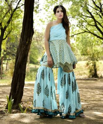 Blue Block Printed Embroidered Sharara Set 1