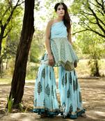 Blue Block Printed Embroidered Sharara Set