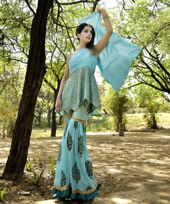 Blue Block Printed Embroidered Sharara Set 2