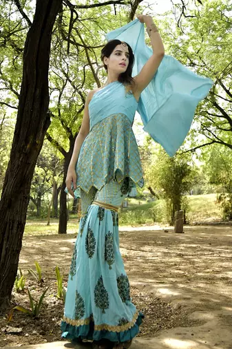 Blue Block Printed Embroidered Sharara Set