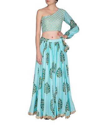 Blue Block Printed One Shoulder Skirt Set 1