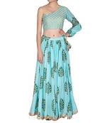 Blue Block Printed One Shoulder Skirt Set