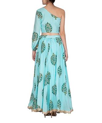 Blue Block Printed One Shoulder Skirt Set 2