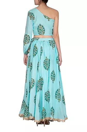 Blue Block Printed One Shoulder Skirt Set