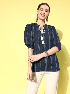 Blue printed blended cotton cotton-tops 1