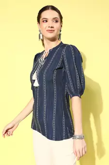 Blue printed blended cotton cotton-tops
