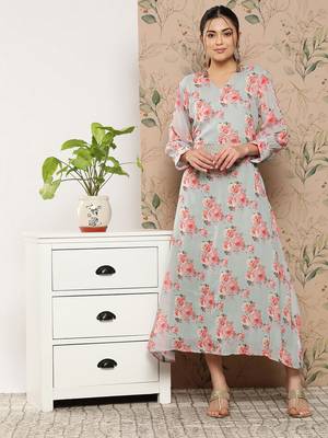 Grey printed silk long-dresses 1