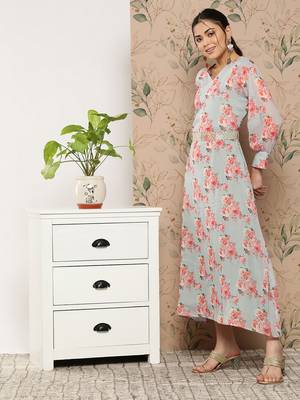 Grey printed silk long-dresses 2
