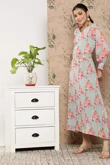 Grey printed silk long-dresses