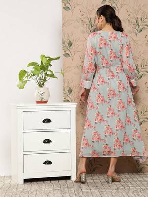Grey printed silk long-dresses 3