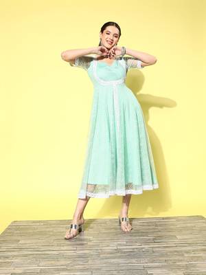 Sea-green printed net long-dresses 1
