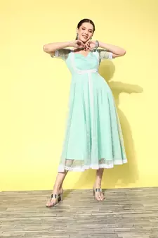 Sea-green printed net long-dresses