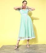 Sea-green printed net long-dresses